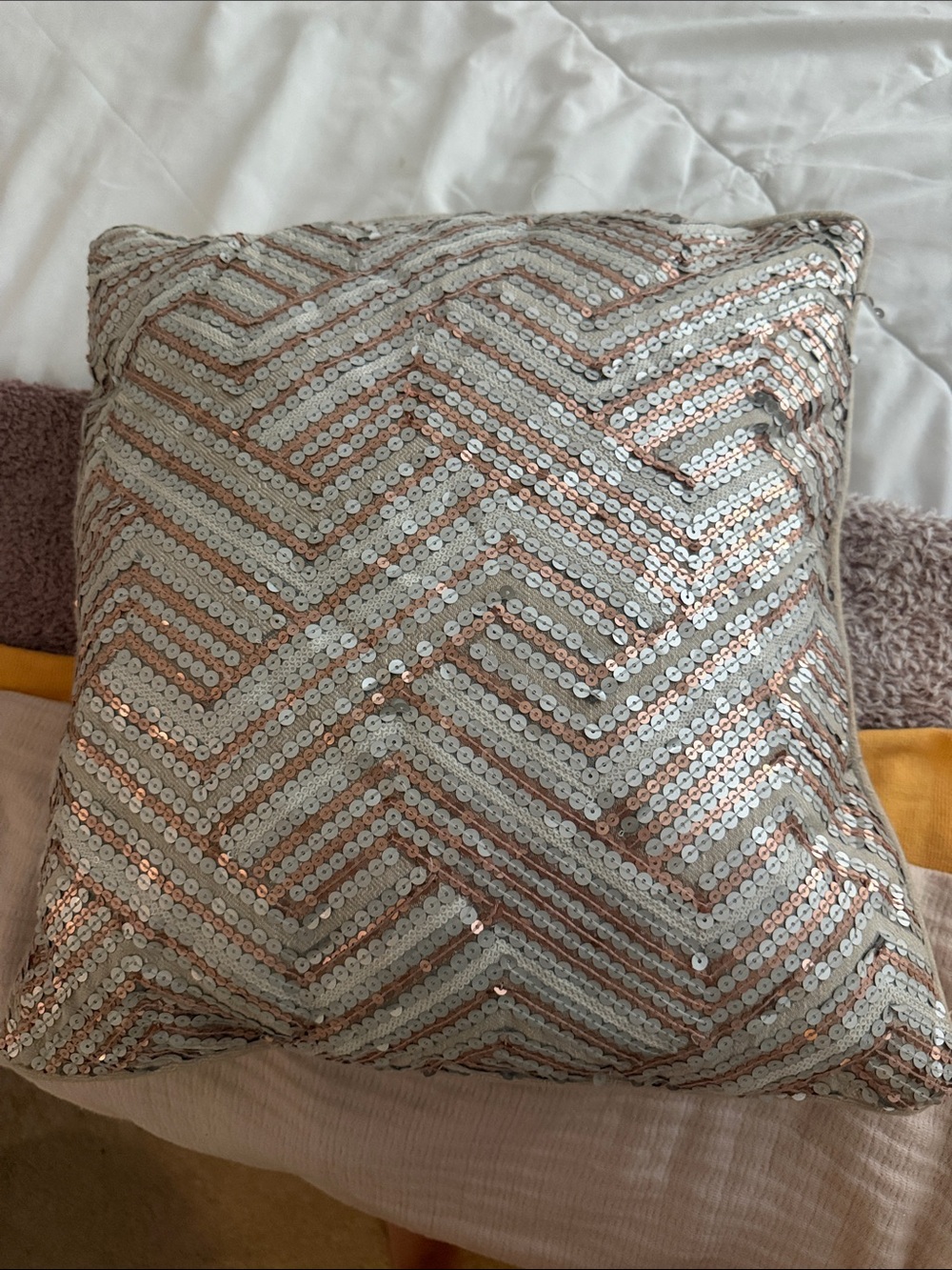 Sequin Chevron Accent Pillow - Rose Gold & Silver